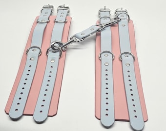Blue on Pink Full Grain Leather Hand Cuffs With Stainless Steel Hardware