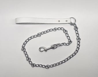 White Full Grain Leather Leash With Stainless Steel Chain