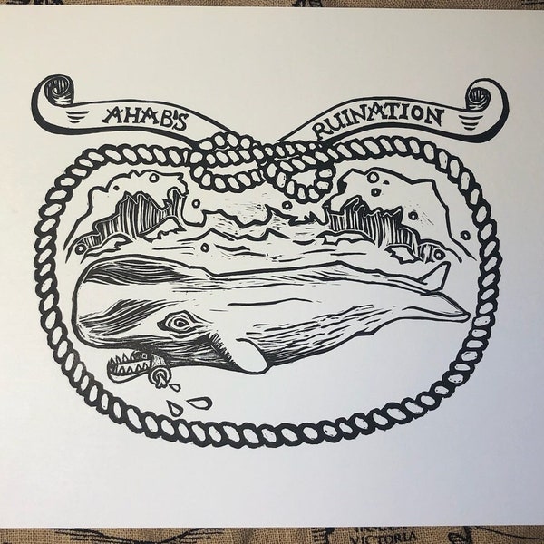 Ahab’s Ruination, Moby Dick original linocut print, Sperm Whale, Herman Melville inspired art, nautical black and white art, 10x8