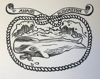 May include: A black and white illustration of a whale trapped in a rope circle. The whale is facing left and has its mouth open. The rope is tied in a knot at the top of the circle. The words "Ahab's Ruinations" are written on a banner above the rope.