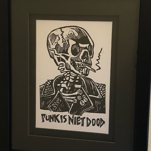 5x7 Punk’s Not Dead (in Dutch) Van Gogh inspired block print, Studded leather jacket Head of a Skeleton with a Burning Cigarette, wall art