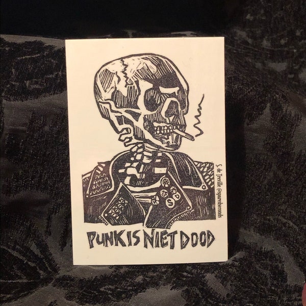 Vinyl sticker, Punk’s not dead, Van Gogh head of a skeleton with burning cigarette inspired block print from handcarved stamp, Punk rock art