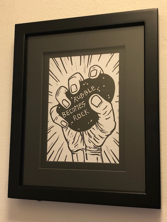 Rubble Becomes Rock, Free Palestine, Fundraiser for Palestinians, Relief Prints for Relief, original linocut, Lino print, Ceasefire now