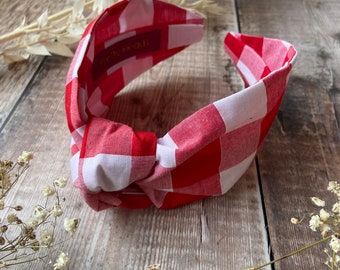 Diadema clásica con nudo para mujer / Banda para el cabello con estampado de cuadros rojos / Diadema turbante anudada / Diadema de verano
