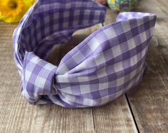 Diadema clásica con nudo para mujer / Banda para el cabello con estampado de cuadros lilas / Diadema turbante anudada / Diadema de verano
