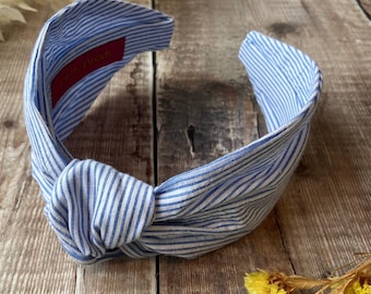 Diadema anudada para mujer, azul y blanca, de algodón a rayas, diadema de aspecto de lino para verano, accesorios para el cabello para las fiestas, cuidado del cabello de lujo para niñas
