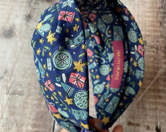 Diadema anudada para mujer, Liberty London, tela con estampado navideño festivo, regalo para buzón, regalo de relleno de medias para niñas, diadema azul marino