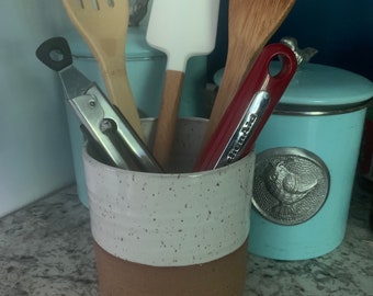 Handmade Utensil Crock, makeup brush holder, pottery utensil caddy
