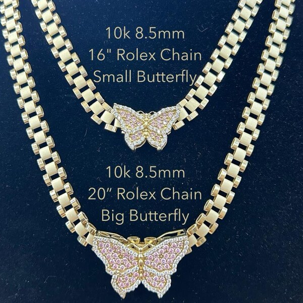 10k Gold 8.5mm Rolex style Chain with Butterfly Pendant, Rolex Style Chain, Rolly Gold Chain, Chain w/ Butterfly Gold Pendant, Gold Chain
