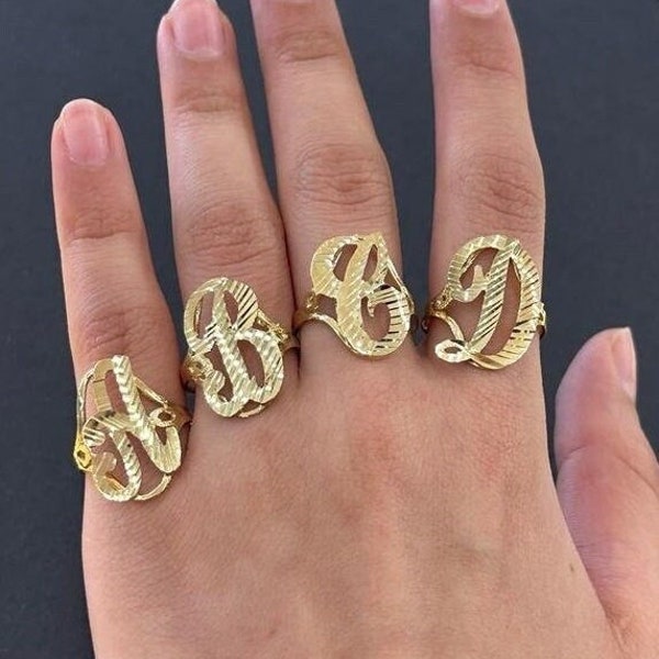 10k Real Gold Medium Initial Ring, Dames Initial Ring, Letter Ring, Gouden Alfabet Ringen, Naam Initial Ring, Medium Cursieve Letter Ring