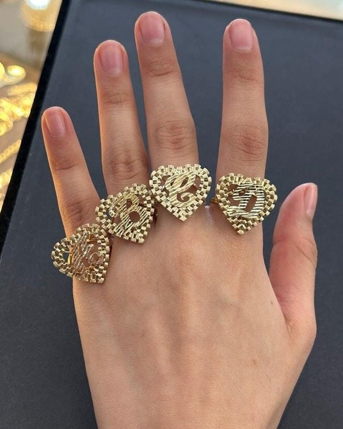 10k Gold Big Rolex Style Heart Initial Ring 10k Gold Initial