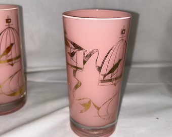 Set of 6 VINTAGE HELEN CONROY Pink & Gold Birdcage 10 Oz Tumblers