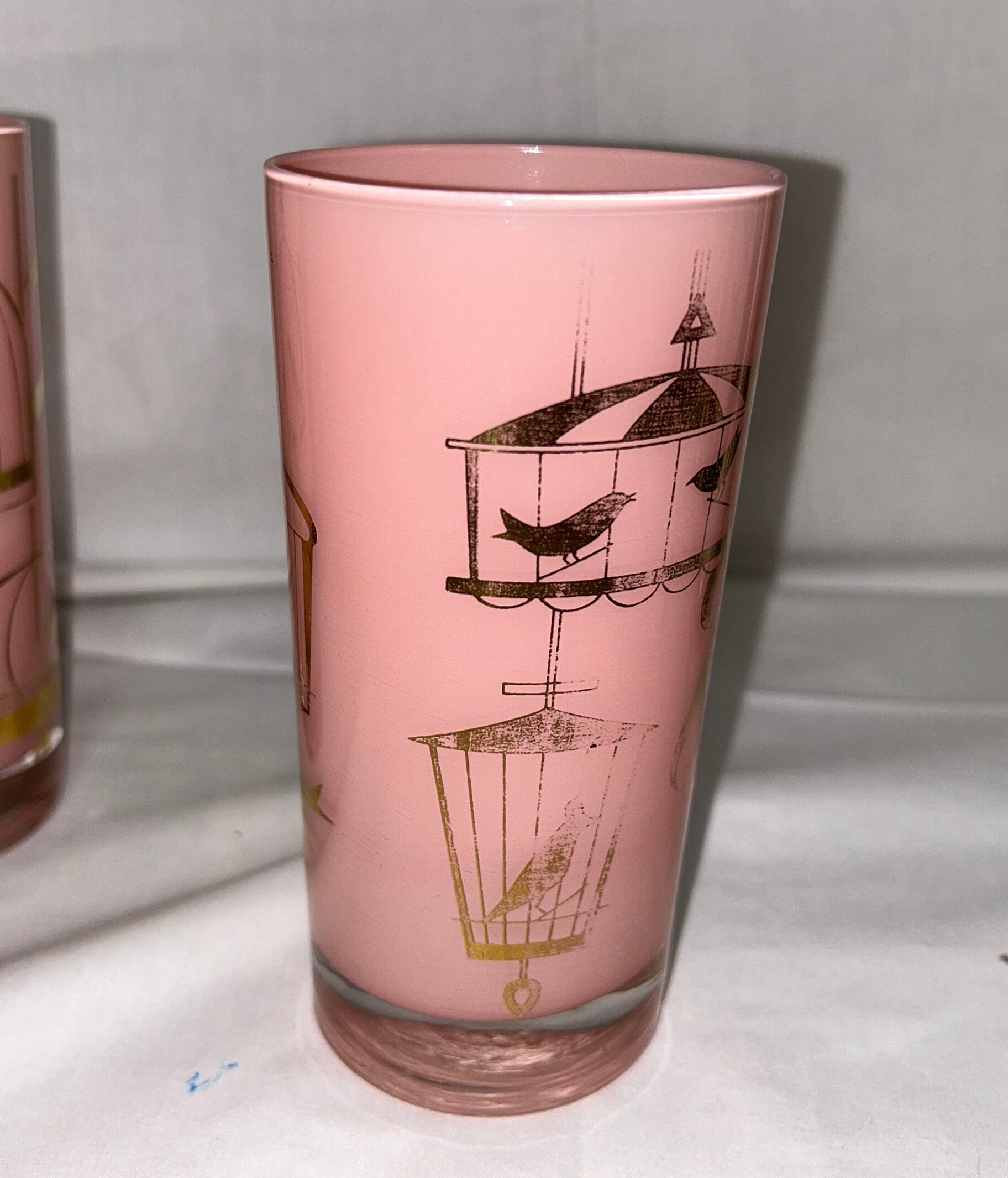 Set of 6 VINTAGE HELEN CONROY Pink & Gold Birdcage 10 Oz Tumblers