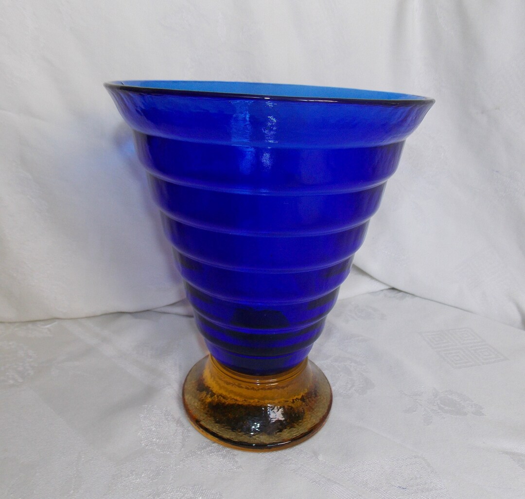 DEL VETRO MURANO Glass Vase Blue and Gold Signed Etsy