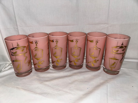 Set of 6 VINTAGE HELEN CONROY Pink & Gold Birdcage 10 Oz Tumblers
