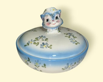 Vintage Lefton Miss Priss Cat Cookie Jar: Blue Floral Hat, Retro