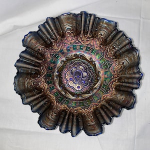 FENTON PERSIAN MEDALLION Blue Carnival Glass Ruffled 9&quot; Bowl With Electric Highlights
