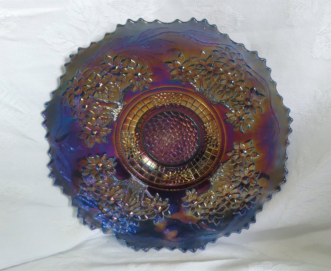 Vintage BLUE CARNIVAL GLASS Plate Electric Highlights Etsy
