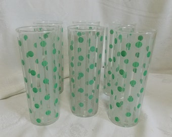 Set of 6 VINTAGE TALL GLASSES Frosted Stripes with Green Polka Dots Tom Collins Dominion?
