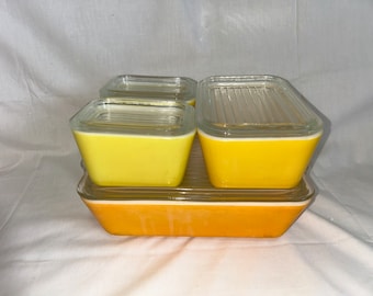 Set of 4 PYREX CITRUS REFRIGERATOR Dishes With Lids Yellow & Orange