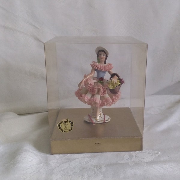 Miniature Vintage DRESDEN LACE LADY With Flower Basket Figurine in Original Box