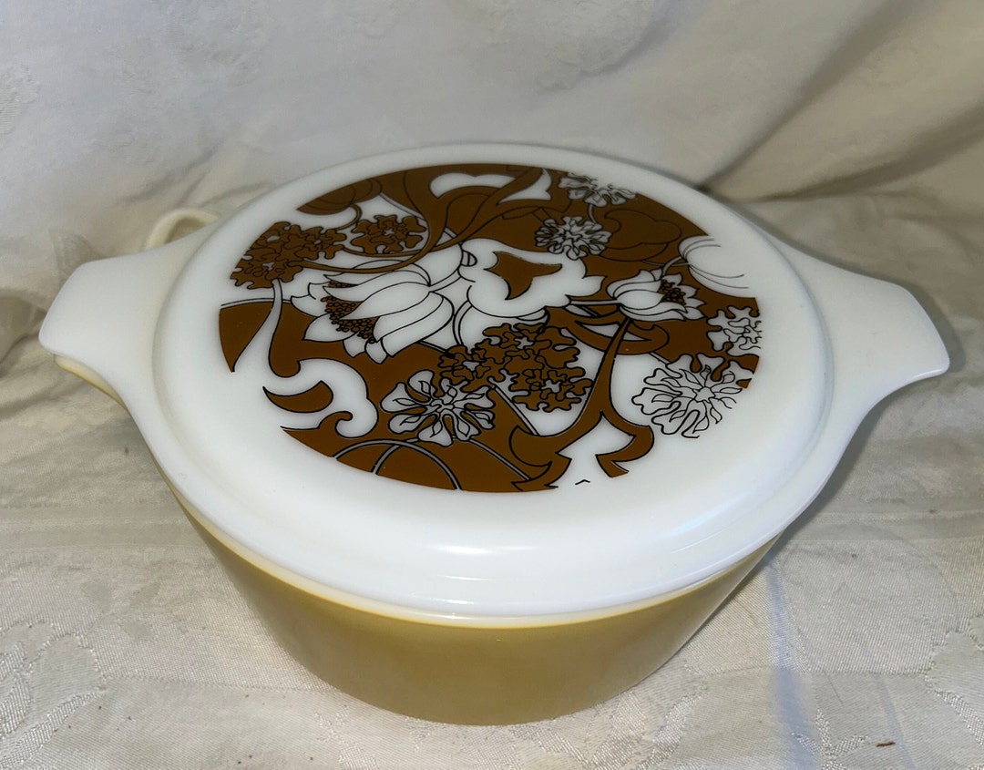 Rare Promotional PYREX NOUVEAU FLORAL Gold & Brown Covered Casserole ...