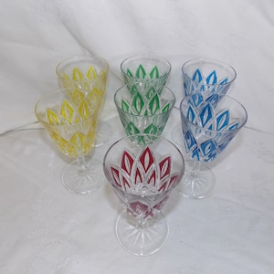 Set of 7 VMC REIMS France 3 OZ Diamond Pattern Colored Cut Glass Wine Glasses Red, Yellow Blue & Green