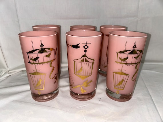 Set of 6 VINTAGE HELEN CONROY Pink & Gold Birdcage 10 Oz Tumblers