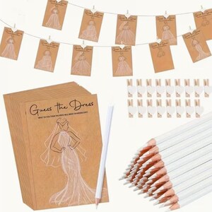 May include: A bridal shower game set featuring "Guess the Dress" cards, pencils, and decorative clothespins. The cards are brown with dress illustrations and text. A string of dress cards hangs above.