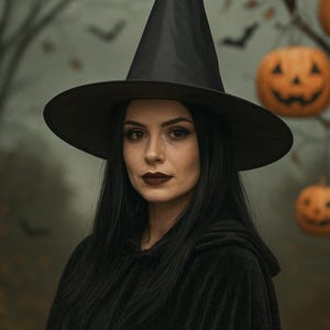 May include: A black pointed witch hat with a wide brim, worn with a dark hooded cloak. The hat features a tall, conical crown and a smooth, matte finish, providing a classic silhouette for costume attire during the autumn season.