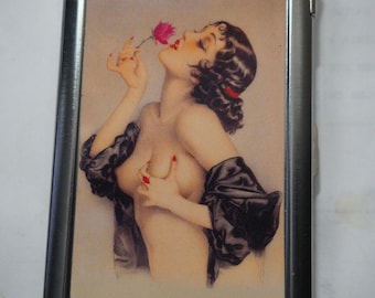 Premium   Cigarette Case Art Deco Pinup Holds 100s & King Size With Built In Butane lighter