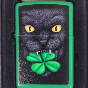 Sharp Black Cat Lucky Shamrock Zippo Lighter
