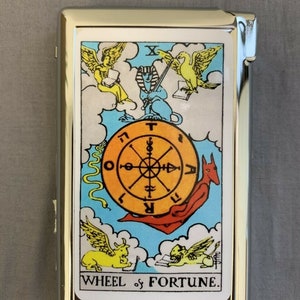 Premium Double Sided Wheel Of Fortune Tarot Card Cigarette Storage Case With Built in Butane Lighter