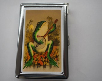 Premium Double Sided Cigarette Case With Frog Playing A Banjo Has Hidden Butane lighter