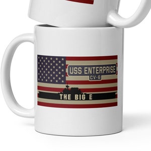 USS Enterprise CV-6 WW2 Aircraft Carrier USA American Flag White Glossy Mug Gift