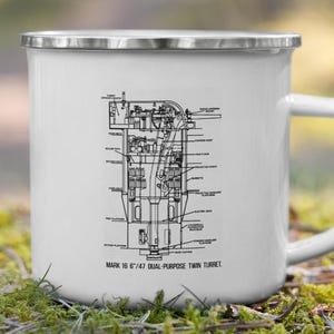 May include: White enamel mug with a silver rim and handle. The mug features a detailed black and white technical drawing labelled "MARK 16 8/47 DUAL-PURPOSE TWIN TURRET." The mug is set on green moss.