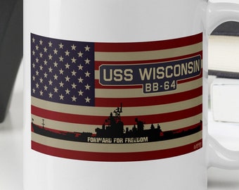 USS Wisconsin BB-64 Battleship USA American Flag White Glossy Mug