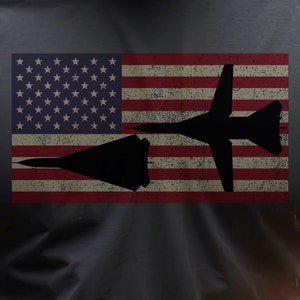 以下が含まれることがあります： ジェット戦闘機のシルエットが描かれた、ヴィンテージスタイルのアメリカ国旗のデザインが施されたダークグレーのTシャツです。