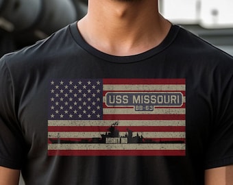 USS Missouri BB-63 WW2 Battleship USA American Flag T-Shirt