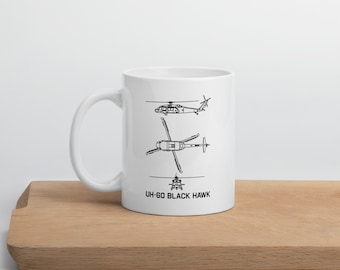 UH-60 Black Hawk Military Helicopter Blueprint White Glossy Mug