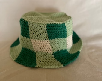 Gingham Checkered Crochet Bucket Hat Handmade Mother's Day Gift