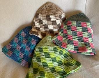 Checkered Crochet Bucket Hat Triple Colored Handmade Summer Hat