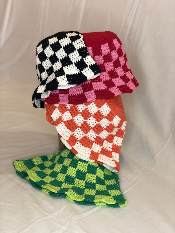Checkered Bucket Hat Crochet Handmade 