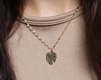 Collier feuille de Monstera en or 16 carats - Bijoux végétaux minimalistes délicats