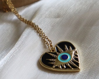 Gold Heart Evil Eye Necklace – Enamel, Cubic Zirconia Charm