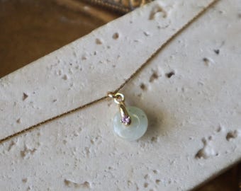 Tiny White-Green Jade Necklace - Natural Stone Jewelry, Dainty Jade Donut Pendant, 14K Gold Crystal Necklace