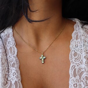 24K Gold Abalone Cross Necklace - Religious Jewelry, Dainty, Shell Pendant, Minimalist