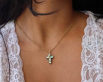 24K Gold Abalone Cross Necklace - Religious Jewelry, Dainty, Shell Pendant, Minimalist
