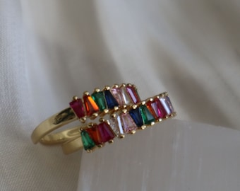 18K Gold Multicolored Gemstone Ring – Adjustable Cubic Zirconia Stackable Jewelry