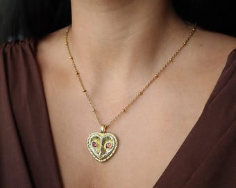 Chunky Owl Necklace, 18K Gold Plated, Red Cubic Zirconia
